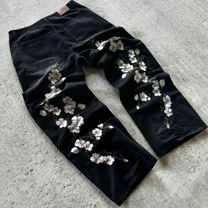 Vintage Cherry Blossom Embroidery Baggy Jeans Women Y2k Harajuku Hip Hop Casual 2000s Wide Trousers American Gothic Streetwear