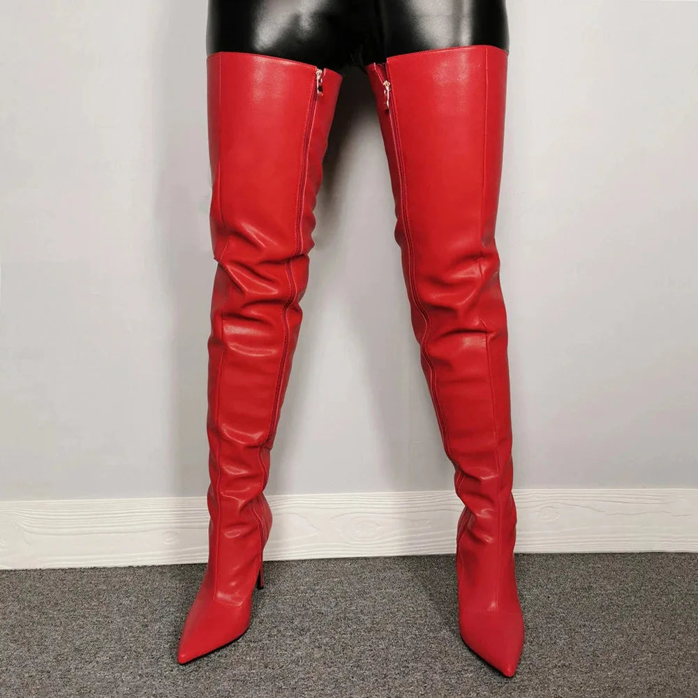 Fashion Leather Side Zipper Pointed Toe Stiletto Over The Knee Boots for Women