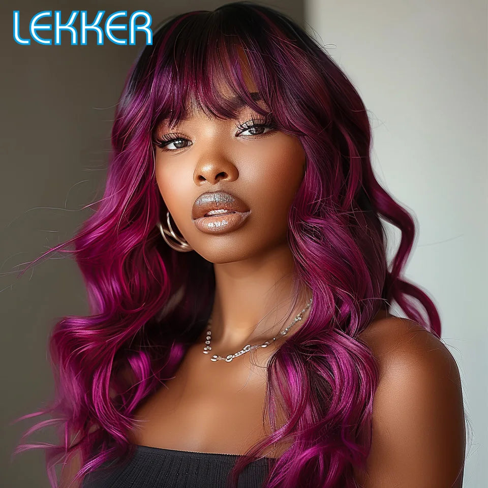 Long Purple Body Wave Human Hair Wig With Bangs for Women