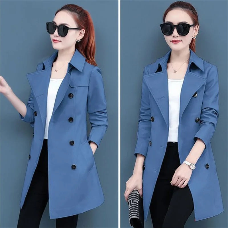 2025 New Trench Coat Midi Length Fashion Korean Elegant Khaki Black Loose Women's Windbreaker Coat Casual Double Breasted Tops