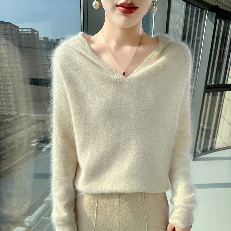 Loose Fit Thick Knit Hooded V-Neck Sweater for Women