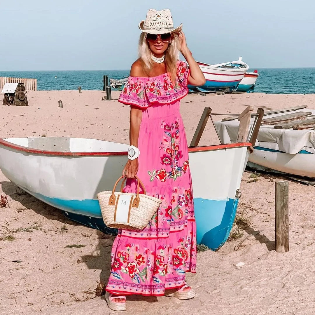 Floral Print Off Shoulder High Waist Dress for Women