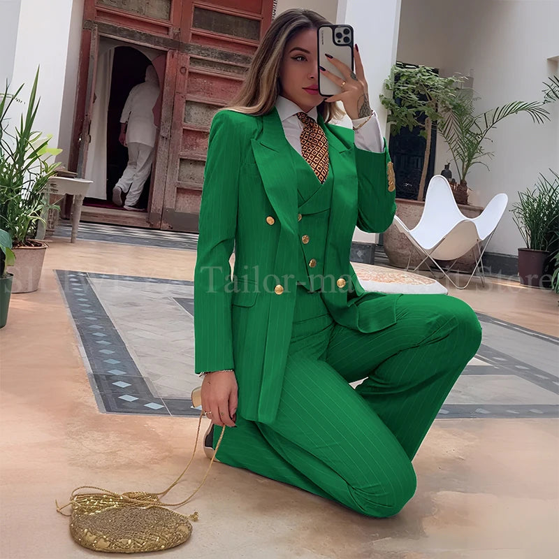 Slim Fit Double Breasted Green Striped Suit Set For Women