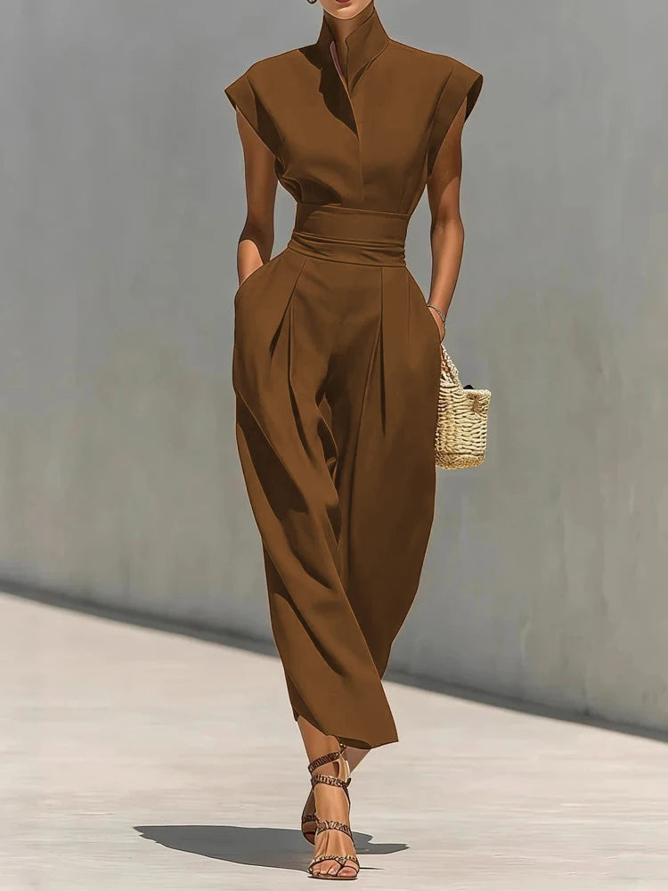 Elegant Stand Collar Pocket Summer Long Dress for Women