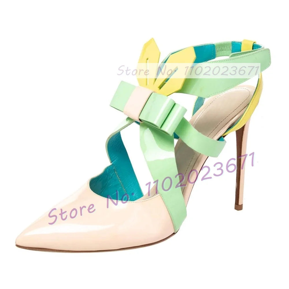 Multicolor Patent Leather Slingback Sandals Women Fashion Folding Bowknot Pointy Toe High Heels Sandals Party Chic Lovely Shoes