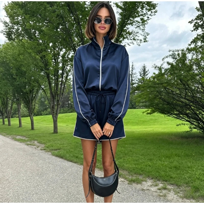 Relaxed Fit Casual Solid Coat Shorts Set for Women