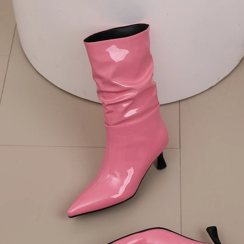 Patent Leather Pointed Toe Mid Calf Slouch Boots for Women