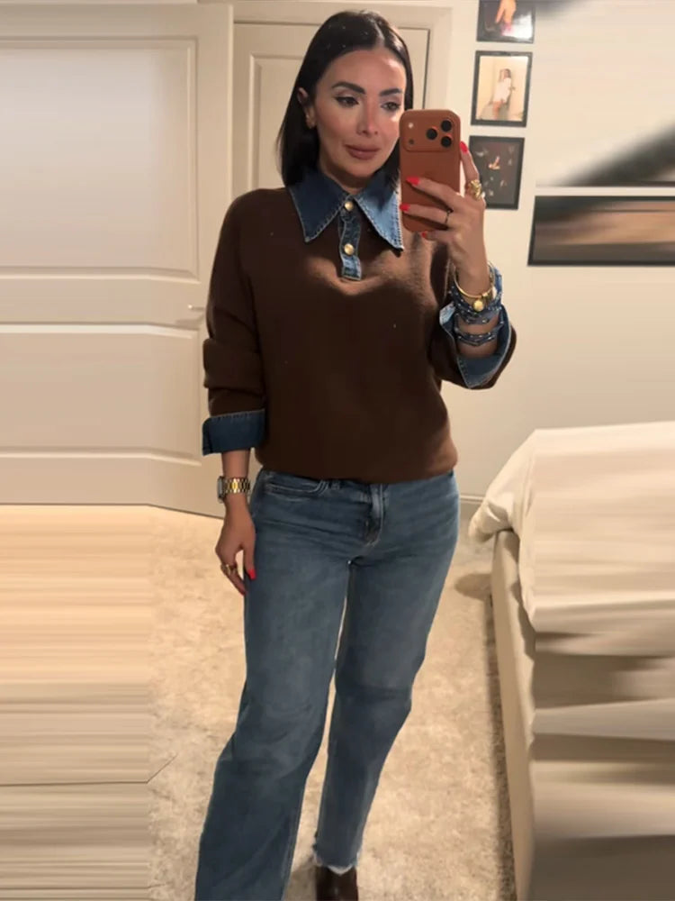Long Sleeve Denim Collar Half Button Knit Top For Women