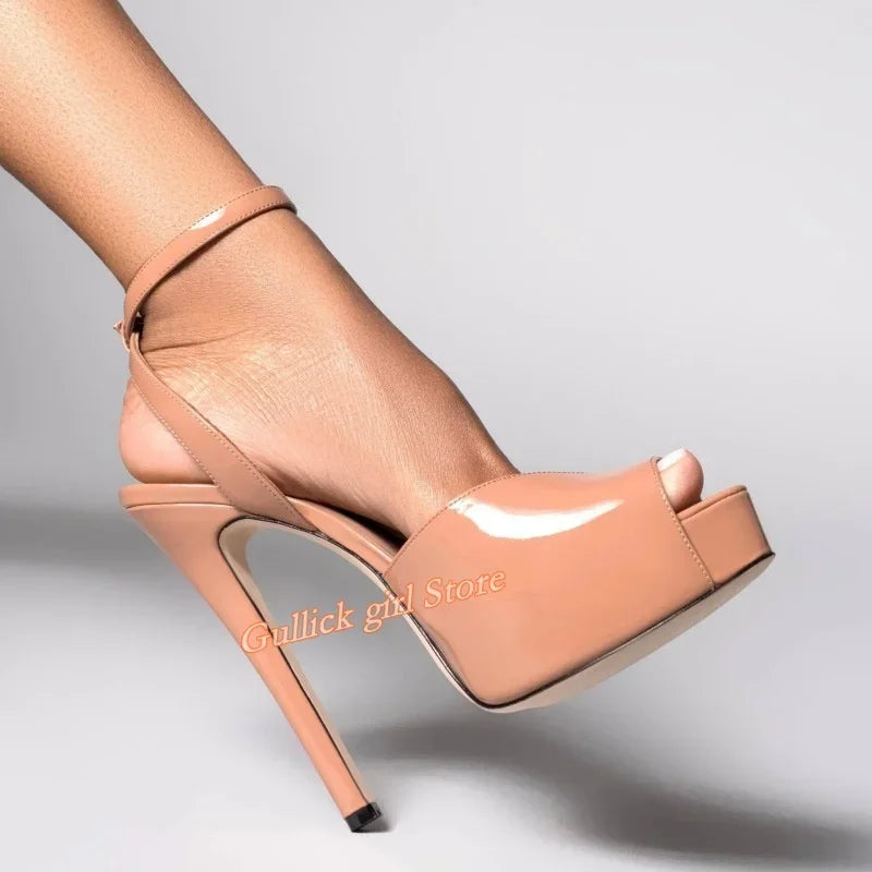 Patent Leather Open Toe Platform Stiletto Pumps for Women