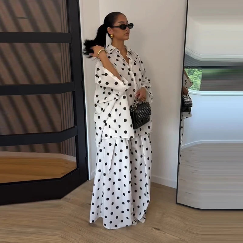 Elegant Polka Dot Shirt And Wide Leg Pants Set for Women