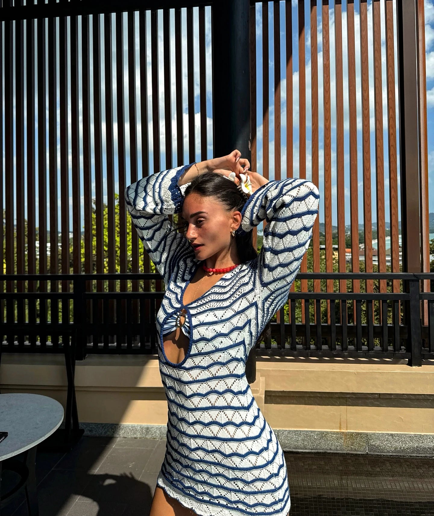 Sexy Boho Striped Chic V-neck Cut Out Bell Sleeve Knit Beach Mini Dress 2025 Summer Women Seaside Holiday Swimsuit Cover Up K123