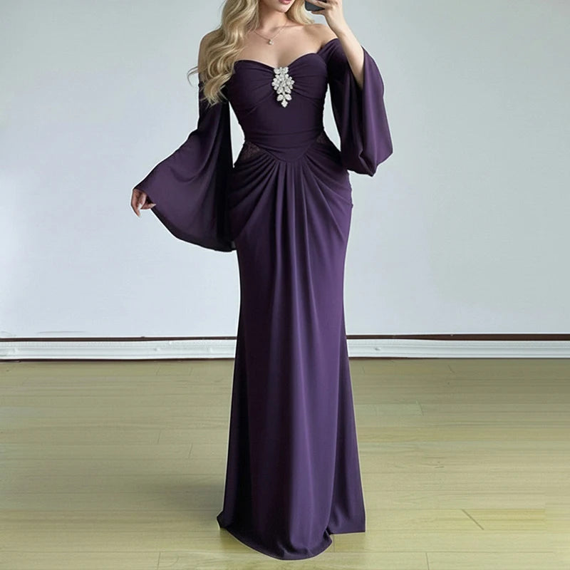 2026 Sexy Backless Draped Party Dress Elegant Strapless Flared Sleeves Evening Dress Women Fashion Hight Waist Solid Long Dress