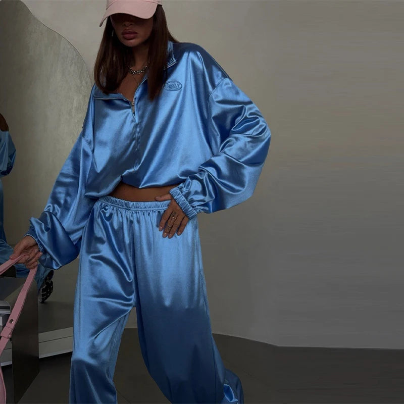 Loose Solid Satin Two Piece Pants Set With Zipper Jacket For Women