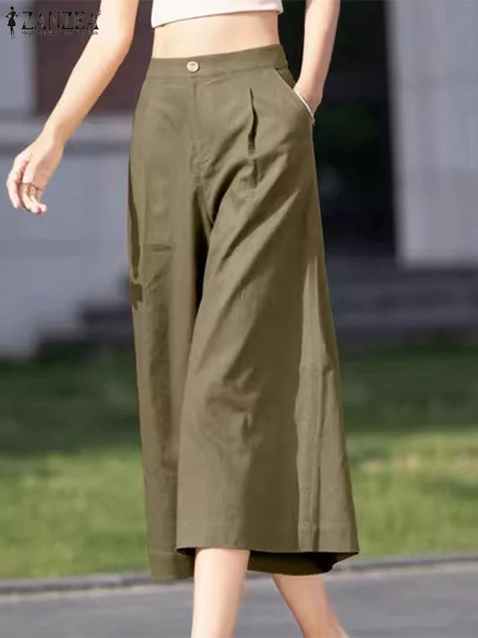 ZANZEA Women Straight Long Pants Korean High Waist Pantalons Casual Loose Wide Leg Cropped Trousers 2024 Summer Holiday Bottoms
