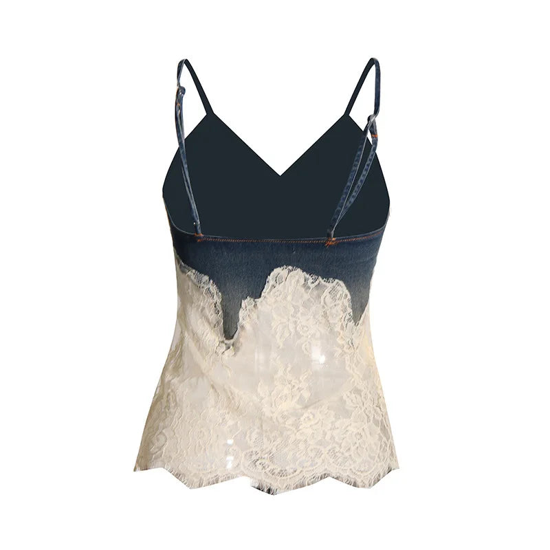 ANJY Summer New Women Y2K Streetwear Ins Fashion Sexy Hot Lace Patchwork Denim Camisole Vest Casual Drawstring Fifth Pants A7219