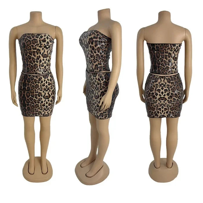 Short Dresses Woman Summer 2025 New Streetwear Fashionable and Versatile Shiny Sequin Half Skirt Leopard Print Dress Female