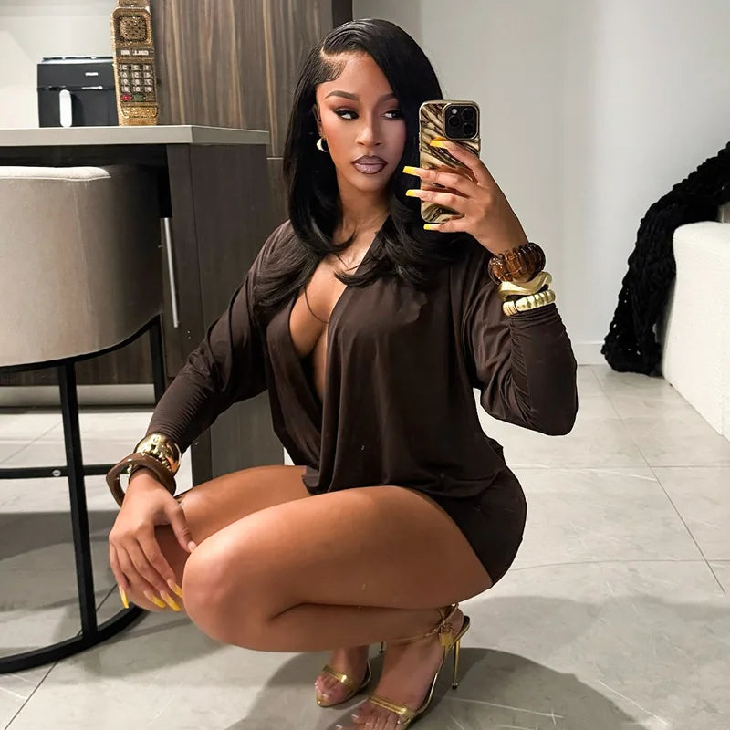 Solid Color Long-Sleeved V-Neck Mini Dress for Women