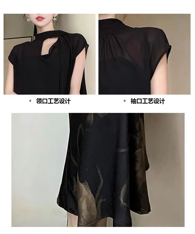 Chiffon Stand Collar Black Three Piece Set for Women