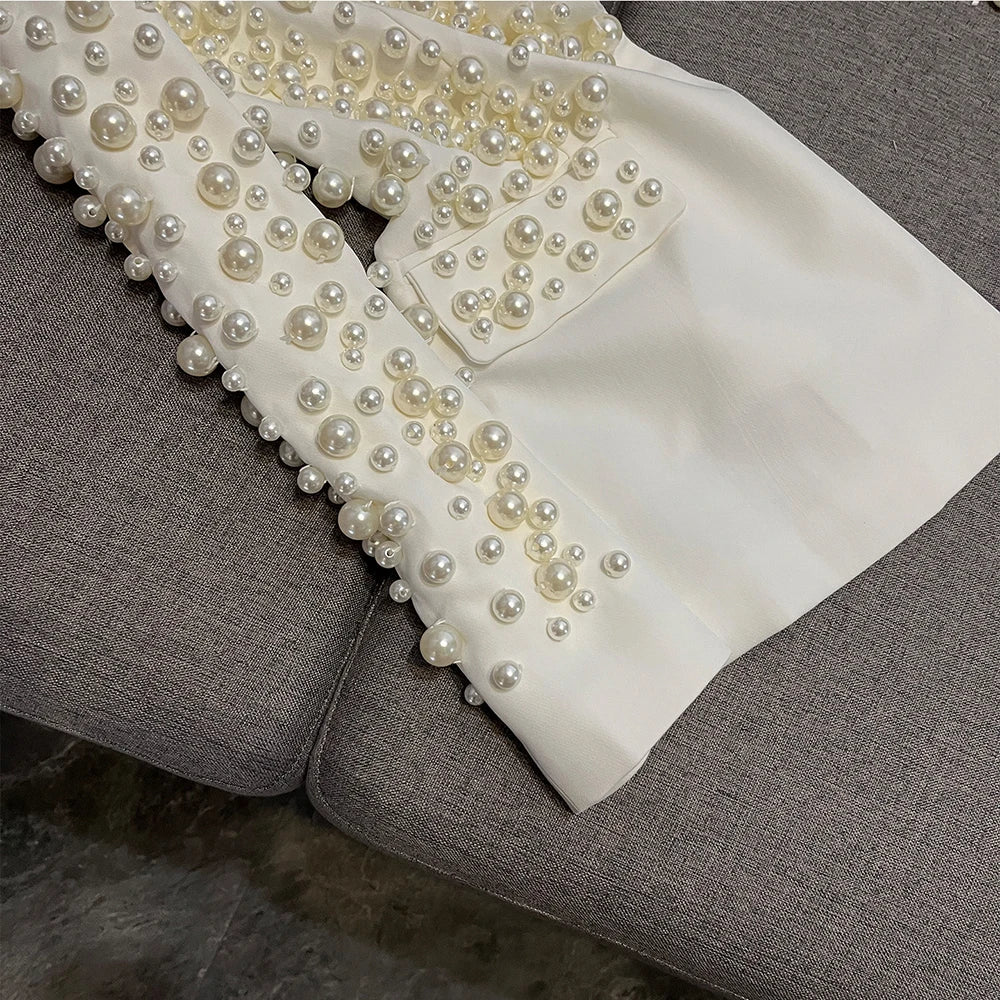 TWOTWINSTYLE Sexy Two Piece Sets For Women V Neck Long Sleeve Spliced Pearl Top High Waist Shorts Chic Set Female New KSE549891