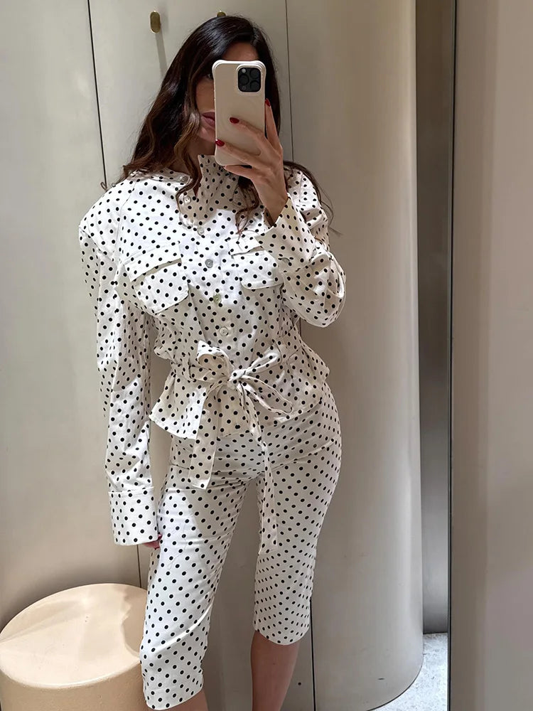 Polka Dot Shirt Jacket and Capri Pants Two Piece Set for Women