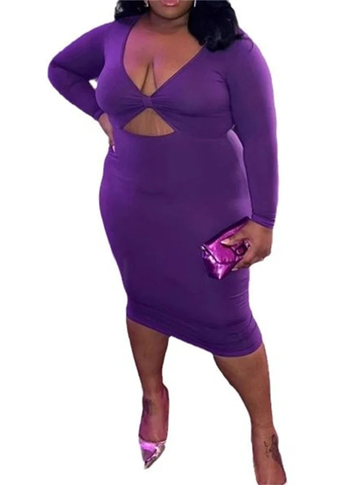 Wmstar Plus Size Dresses Women Bodycon Stretch V Neck Hollow Out Elegant Long Sleeve Maxi Dress Summer Wholesale Dropshipping