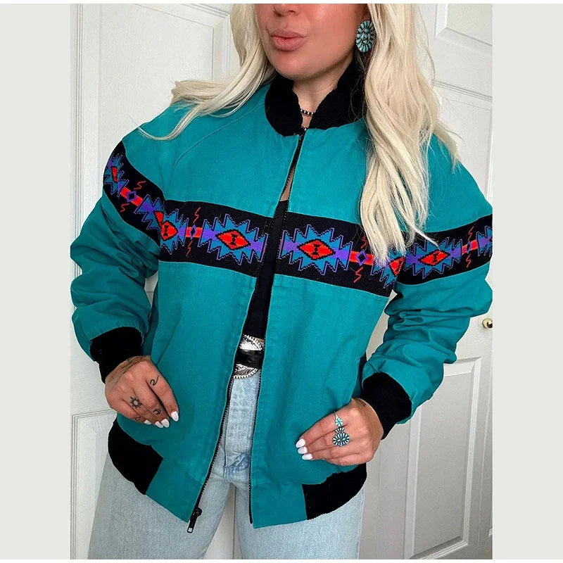 Printed Zippered Stand Collar Lightweight Jacket for Women