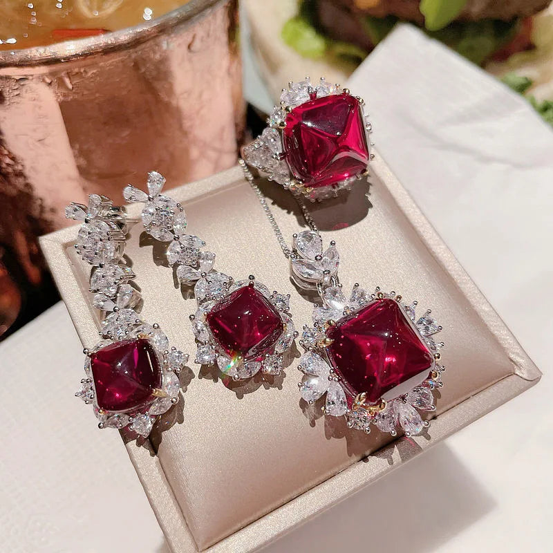 Princess Cut Zircon Ring Necklace and Earring Set for Women