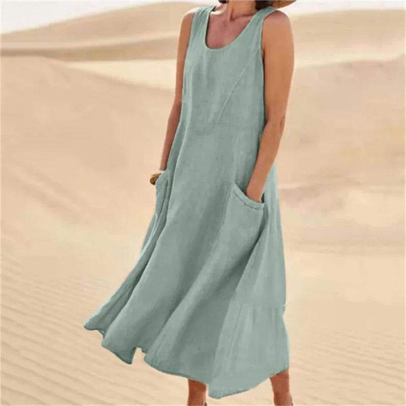Casual Sleeveless Midi Dress With Side Pockets For Women