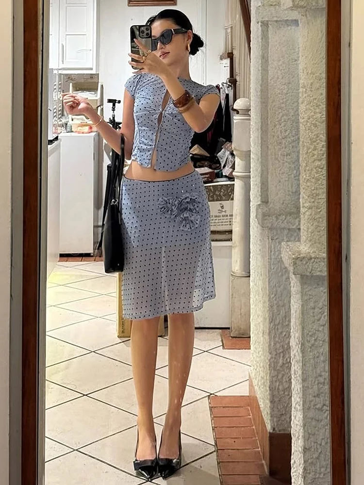 Polka Dot Print Floral Embellishment Two Piece Set for Women
