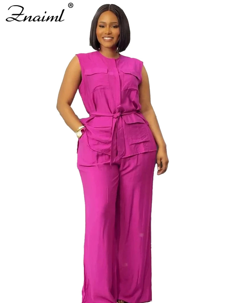 Znaiml Elegant Loose O-neck Sleeveless Pockets Bandage Top and Wide Leg Pants 2 Pieces Sets Women Casual Streetwear Outfits y2k