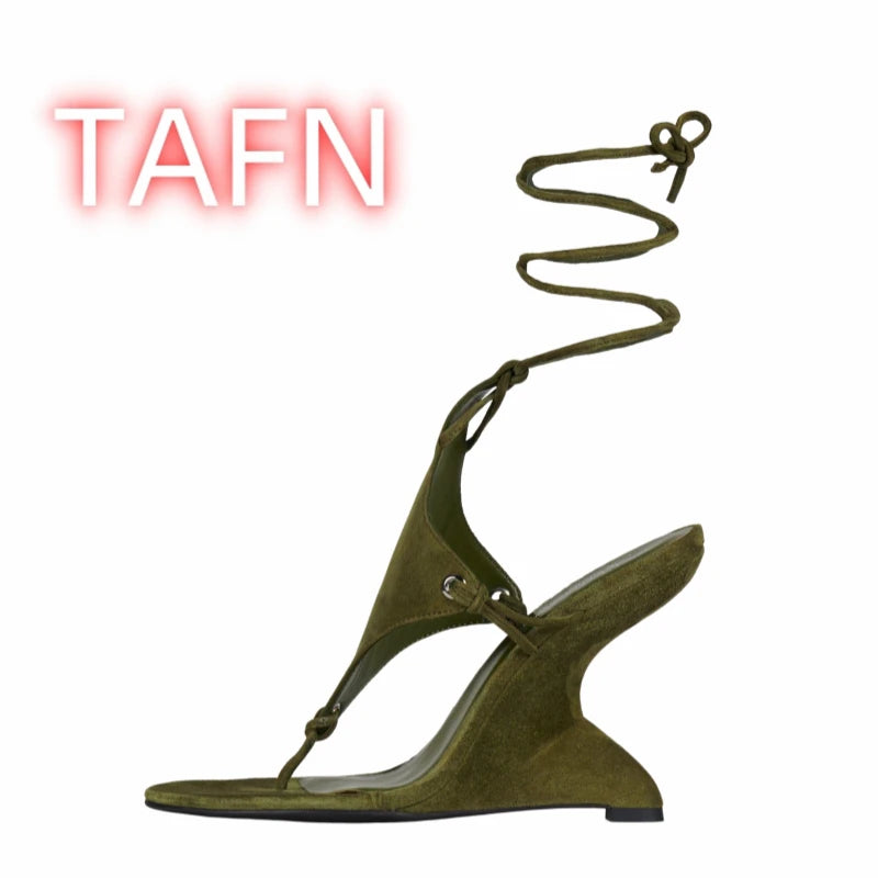 Tie Up Ankle Strap Round Toe Wedge Sandals for Women