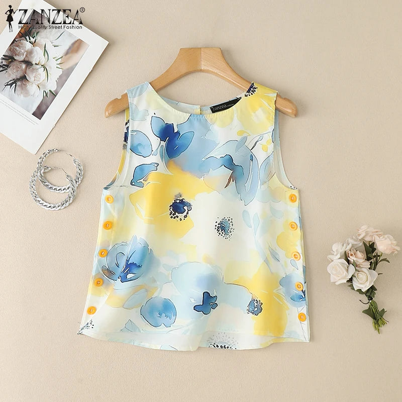ZANZEA Womens 2025 Summer Casual Floral Printed Tank Tops Fashion O-Neck High-Low Sleeveless T-Shirts Day Wear Simple Camis Tops