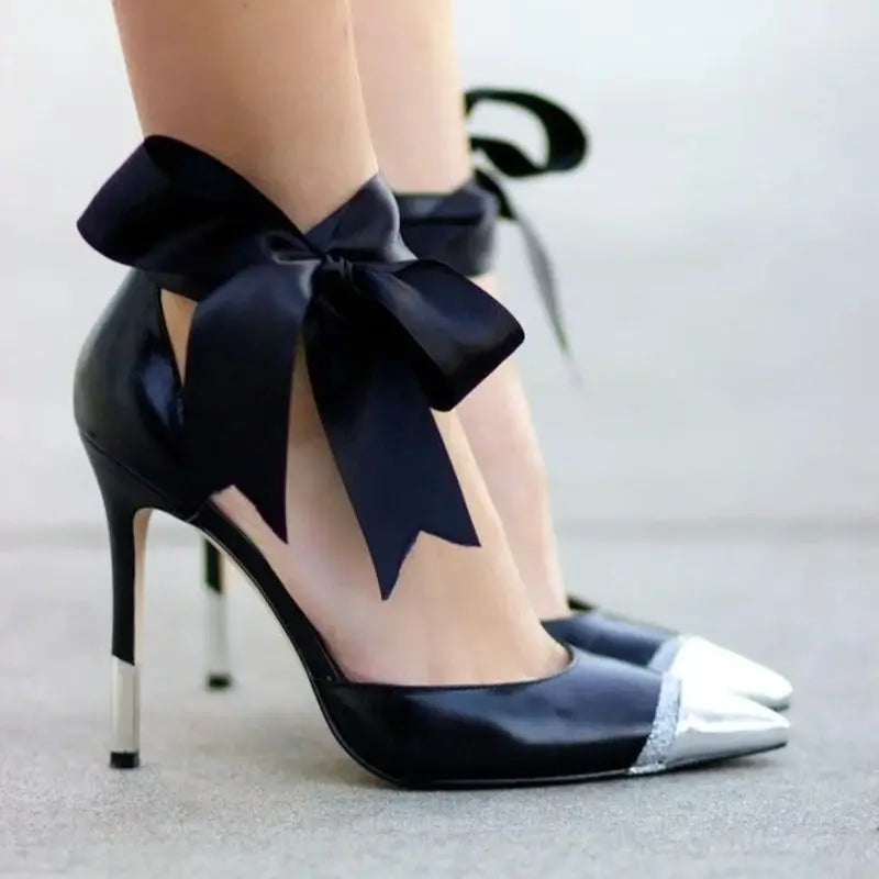 Black Faux Leather Stiletto Pumps With Satin Bow For Women