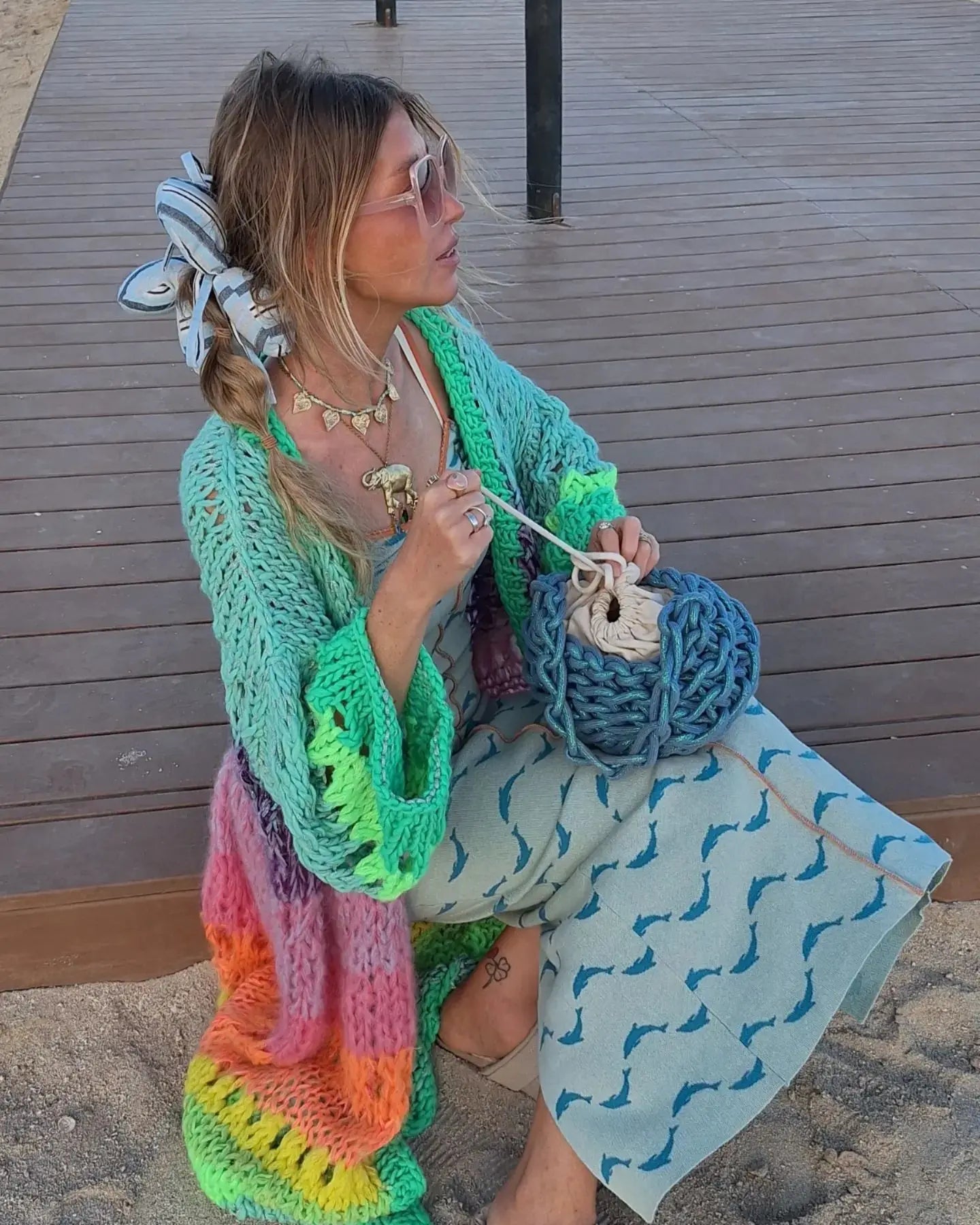 Boho Colorful Luxuriously Handknit Bell Sleeve Crochet Loose Kimono Cardigan 2024 Women Fall Winter Coat Beach Coverup Dress K12