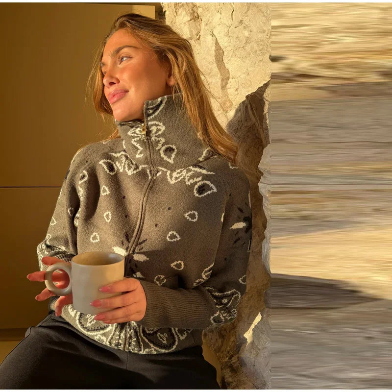 Vintage Printed Knit Stand Collar Zip Cardigan for Women