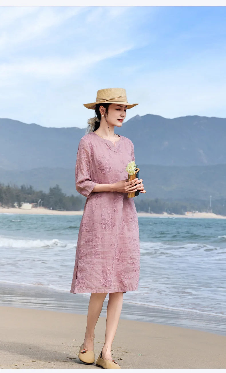 Elegant Embroidered Ramie Linen Knee Length Dress for Women