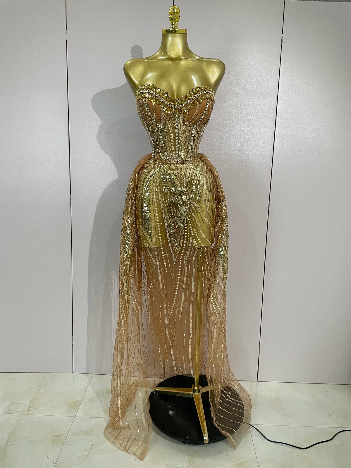 Elegant Sparkly Diamond Sequins Sexy Strapless See-Through Long Dress Women Evening Birthday Party Dress Nightclub Stage Costume