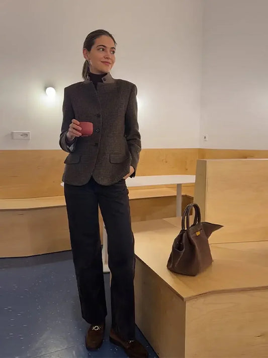 Elegant Grid Stand Collar Loose Single Breasted Woolen Coat for Women
