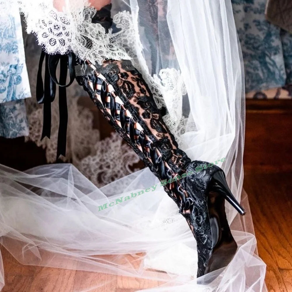 Lace Up Mesh Hollow Stiletto Knee High Boots For Women