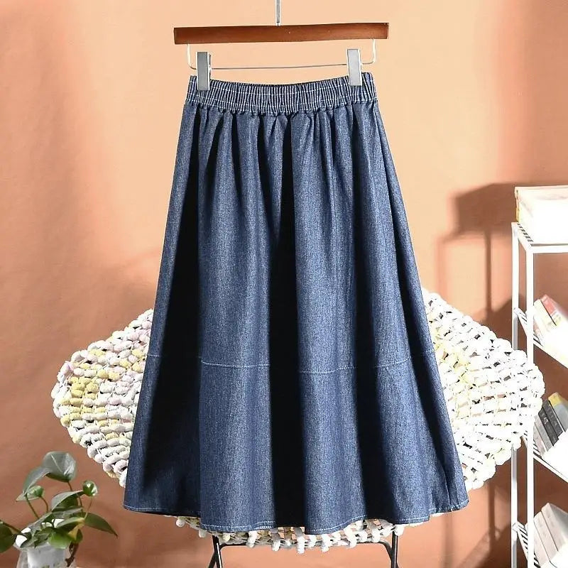 Classic Retro Denim Midi Regular Fit Skirt For Women