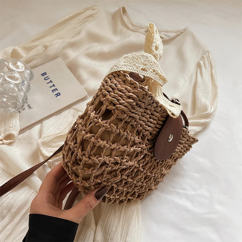 Straw Knitted Shoulder Bag With Bowknot Handmade for Women