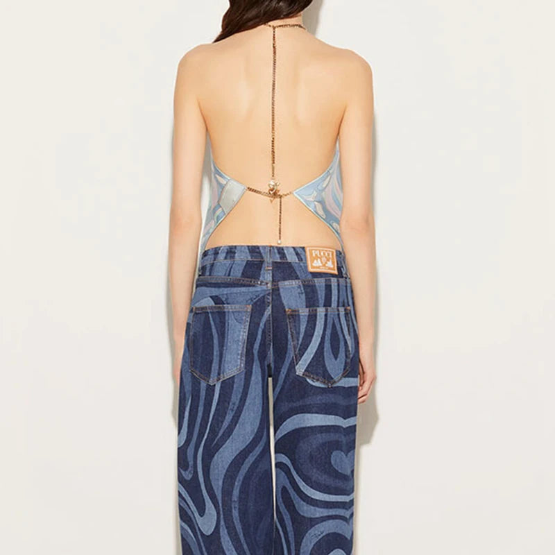 New 2025 Vacation Hollow Sleeveless Bohemian Shirt Chain Halter Pleated Club T-shirts Satin Print Slim Fit Women's Top Blouses