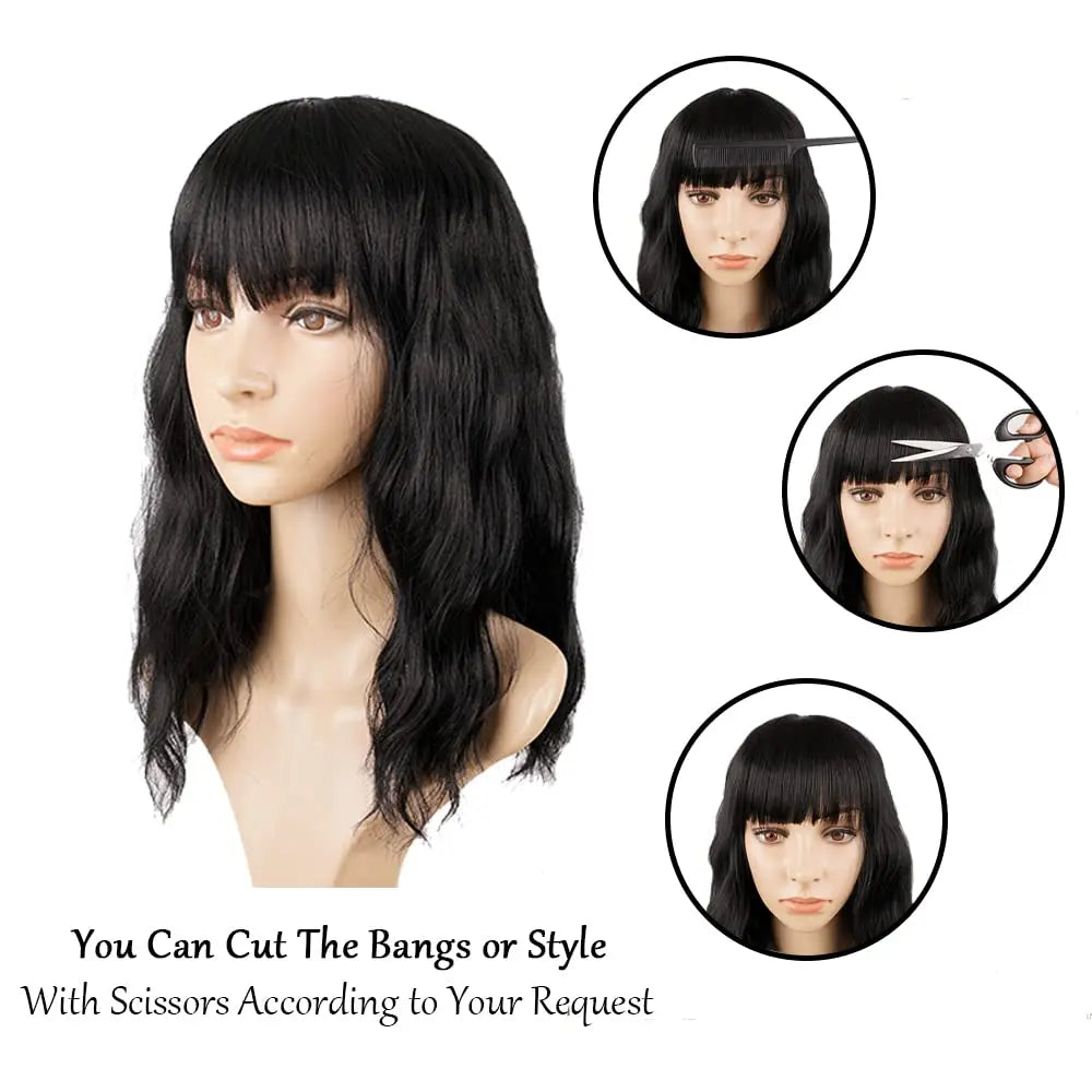 Natural Brown Synthetic Curly Wavy Bangs Bob Wig for Women