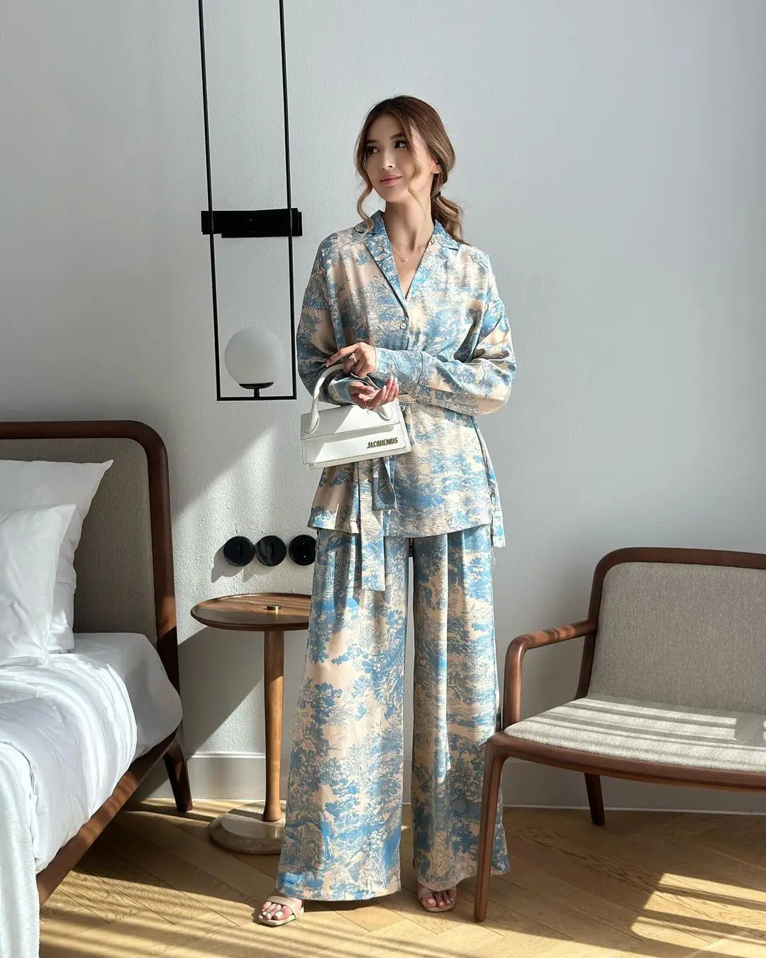 Elegant Print Two Piece Set With Long Sleeve Shirt And Wide Leg Pants for Women