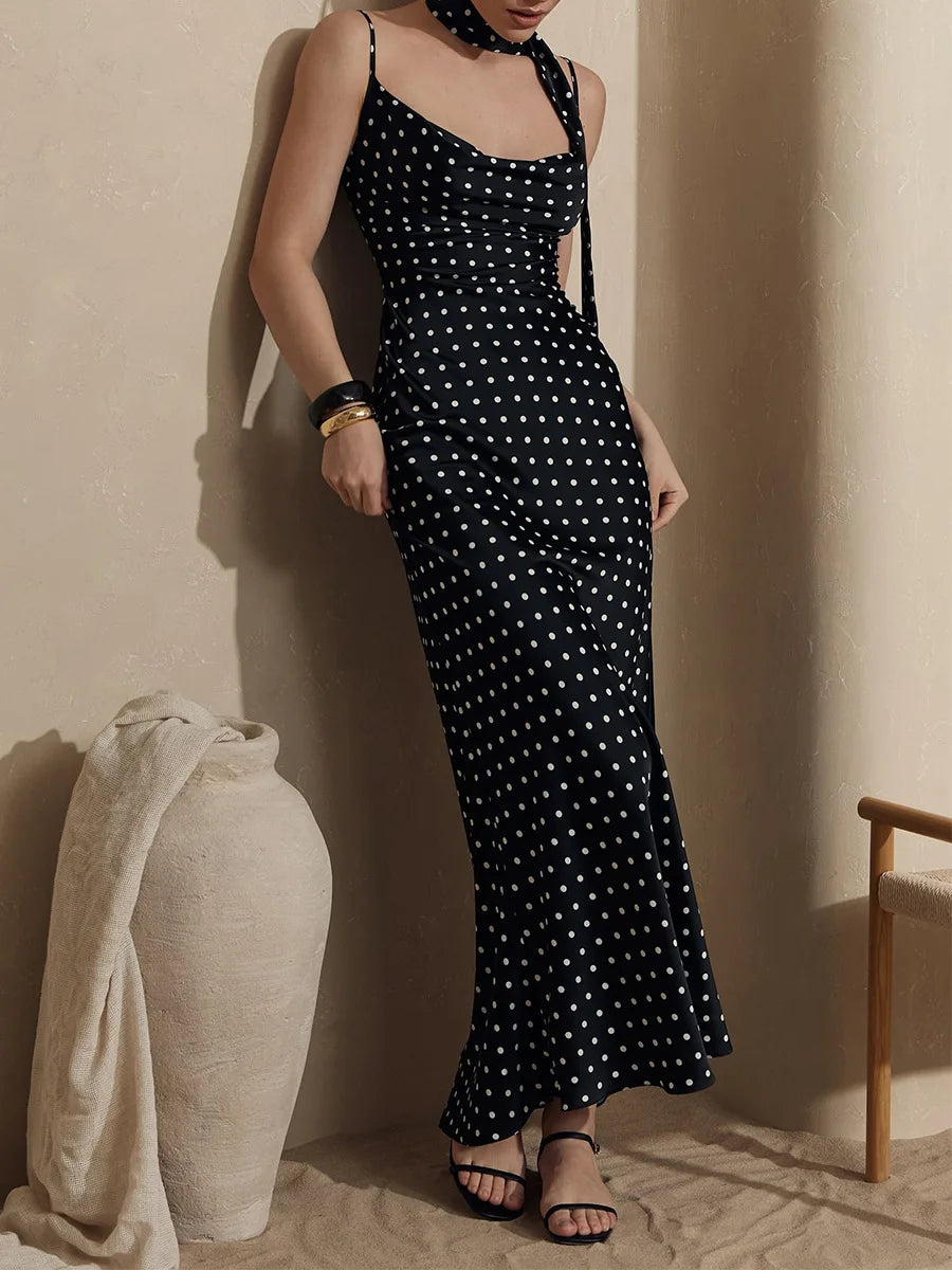 Summer Polka Dot Halter Tie Waist Maxi Dress for Women