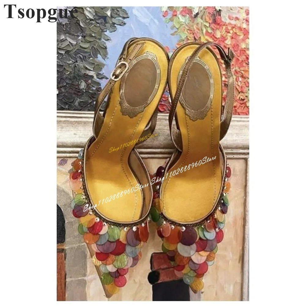 Slingback Mixed Color Sparkles Decor Sandals Thin High Heel Women Shoes Back Strap Pointed Toe 2024 Fashion Zapatos Para Mujere