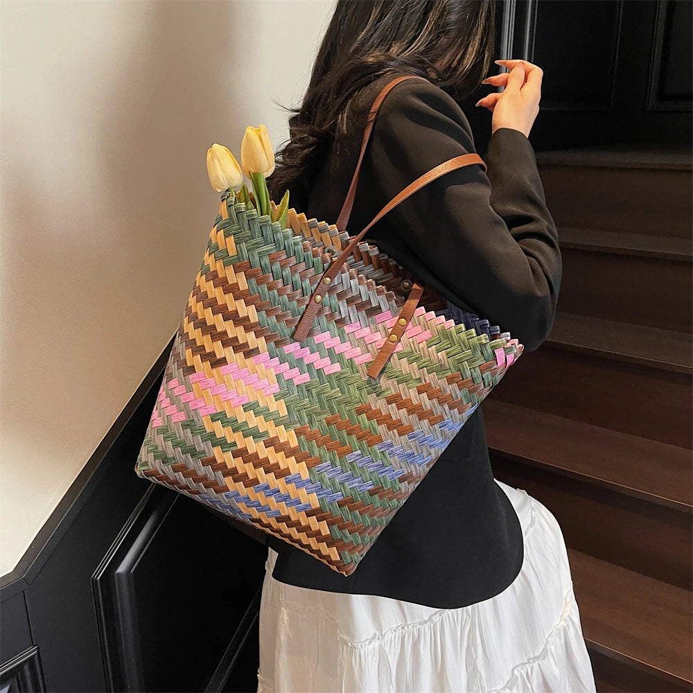 Colorful Braided PVC Tote Bag for Women With Large Capacity