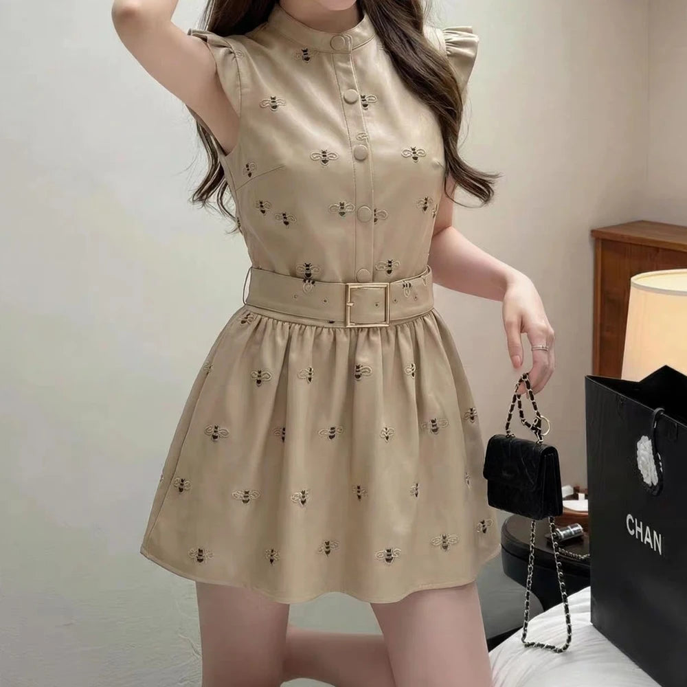 Stand Collar Slim Fit Midi Dress With Sash for Women