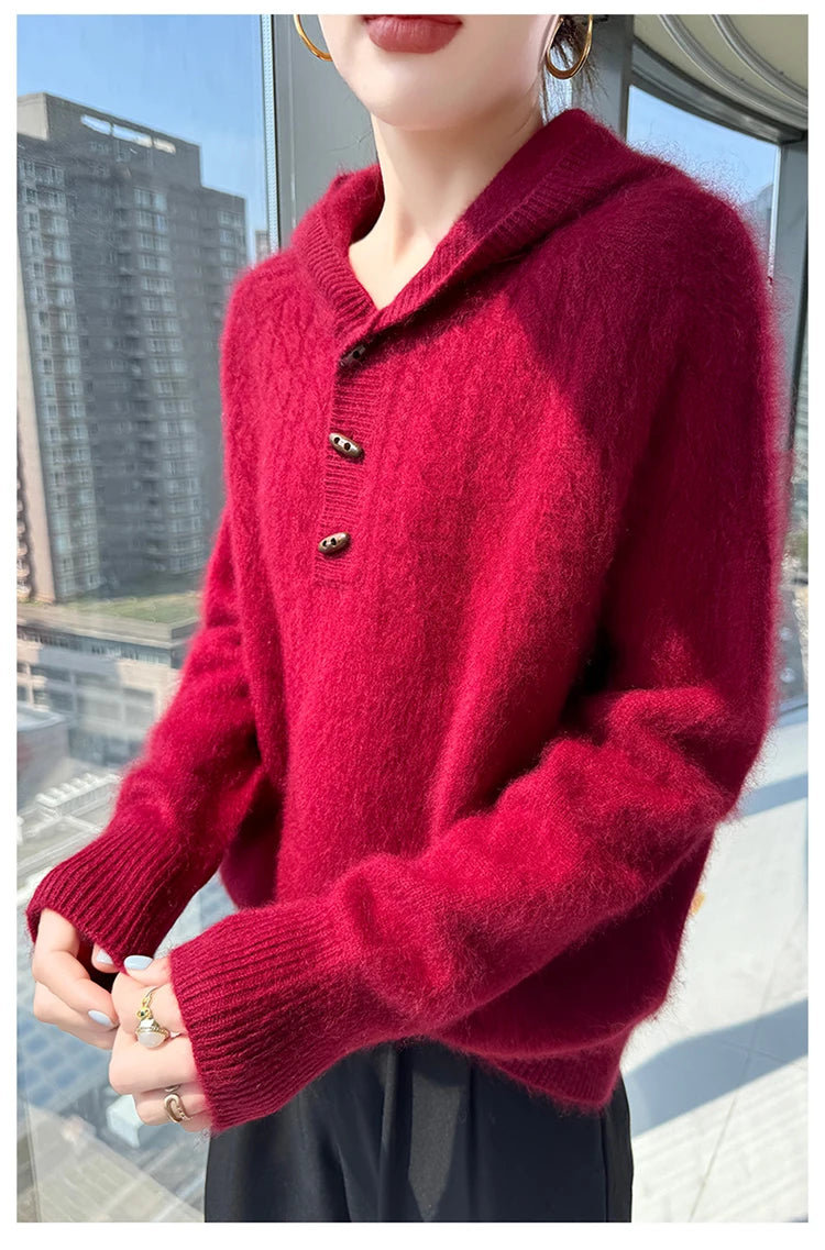 Chunky Knit Loose Hooded Pullover Sweater for Women