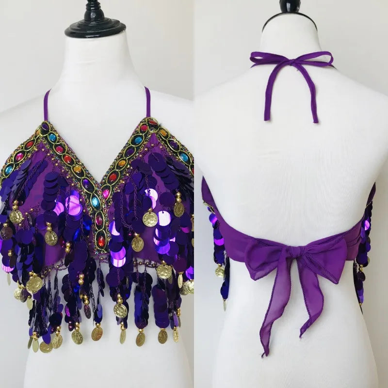 Shiny Colored Sequin Diamond Halter Crop Top for Women